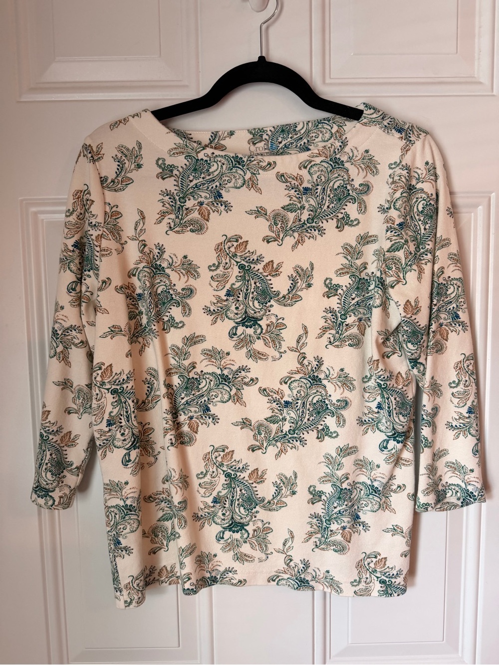 croft & barrow Cream Long Sleeve Top with Green & Brown Paisley